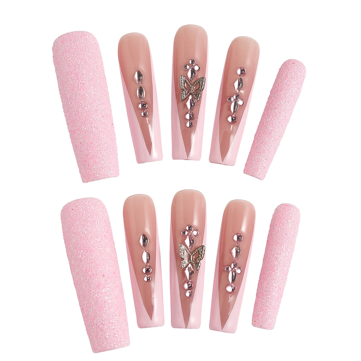 A full set of MiuNail Sugar Flutter long coffin nails in soft pink and nude tones, featuring glitter texture and 3D silver butterfly accents, displayed on a white background.