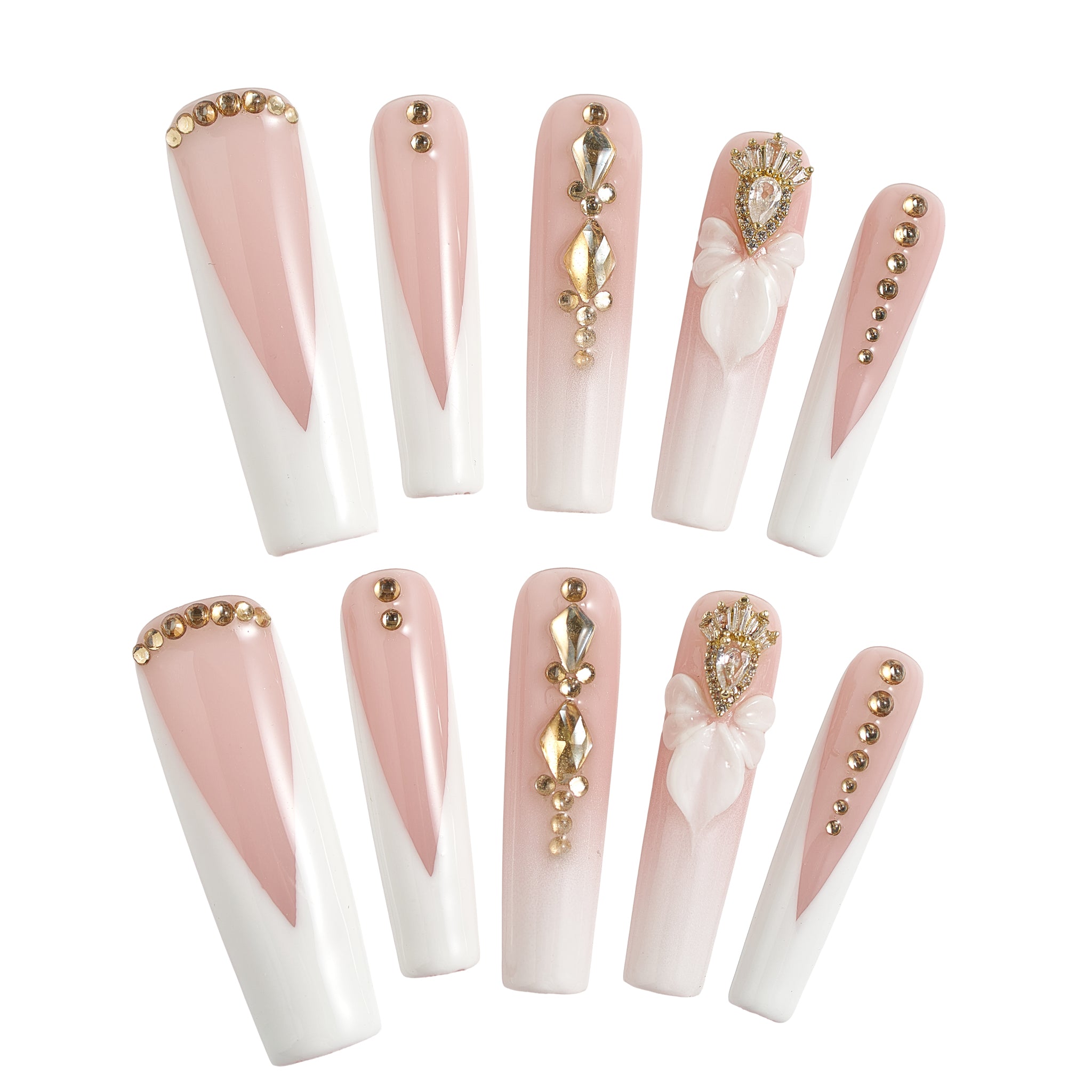 long square nails in blush pink and white with gold 3D gems and bow details shown on a white background