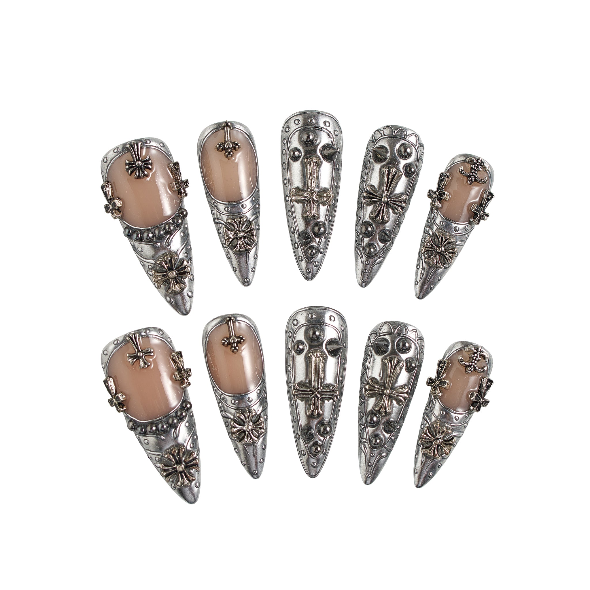Chrome Reign stiletto press-on nails set in metallic chrome silver, salon-quality reusable nails with 3D accents on a white background