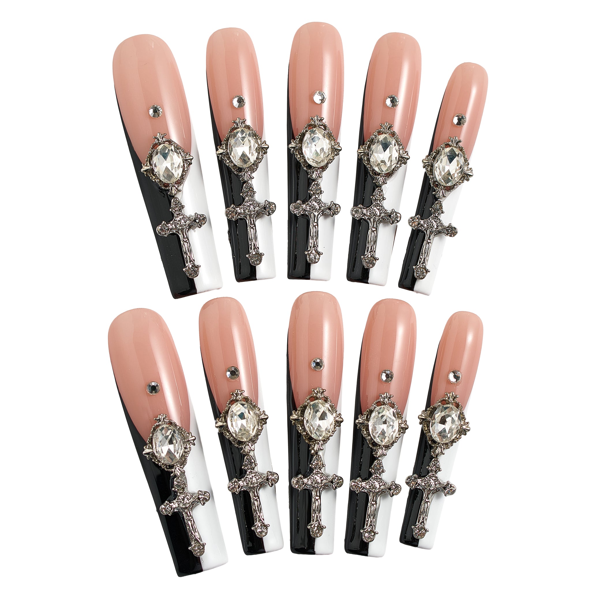 Set of MiuNail Divine Plea press-on nails in nude, black, and white, featuring rhinestones and silver cross charms, displayed on a white background.