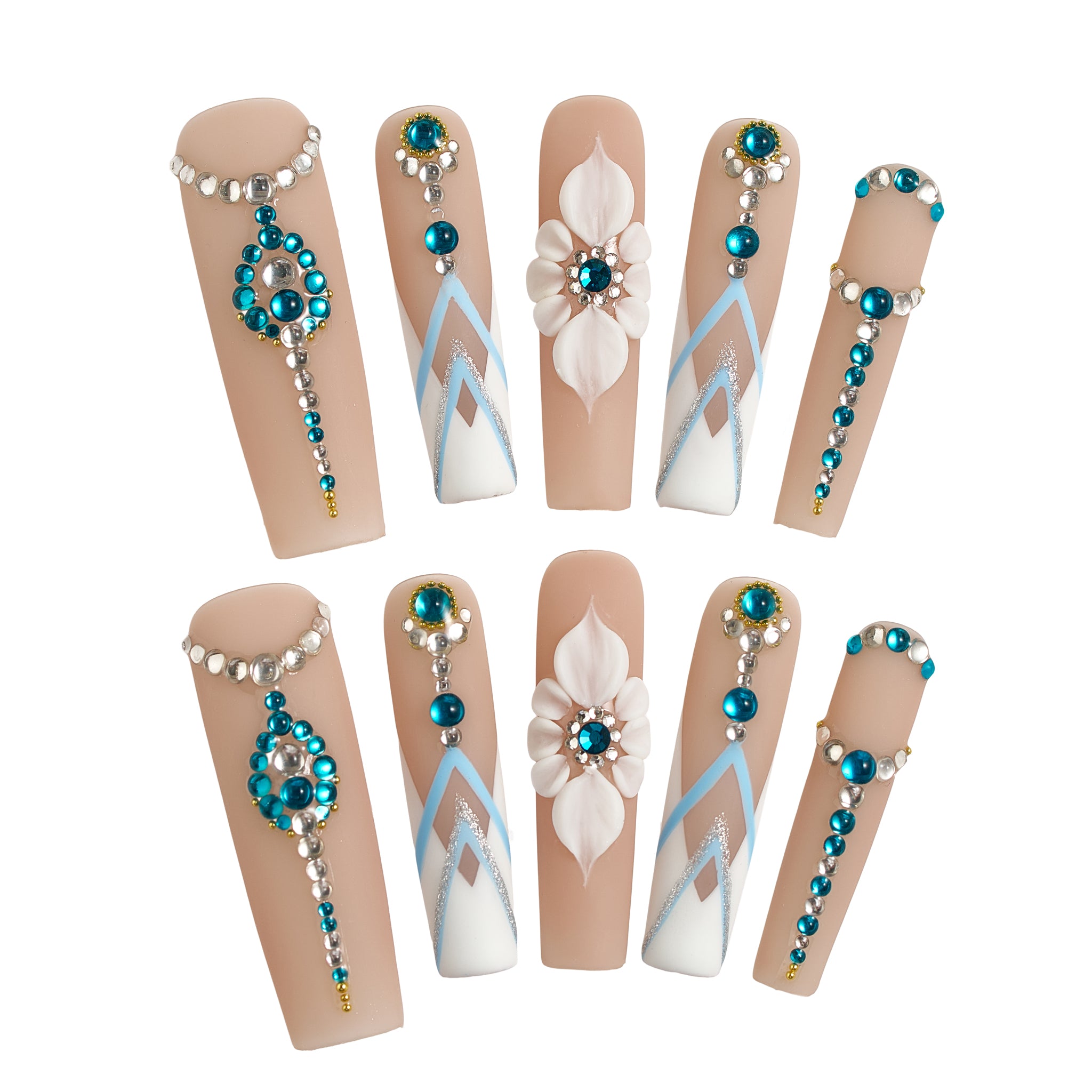 Long square ‘Frost Waltz’ press-on nails with beige base, blue rhinestones, pearl accents, and 3D white floral detailing.