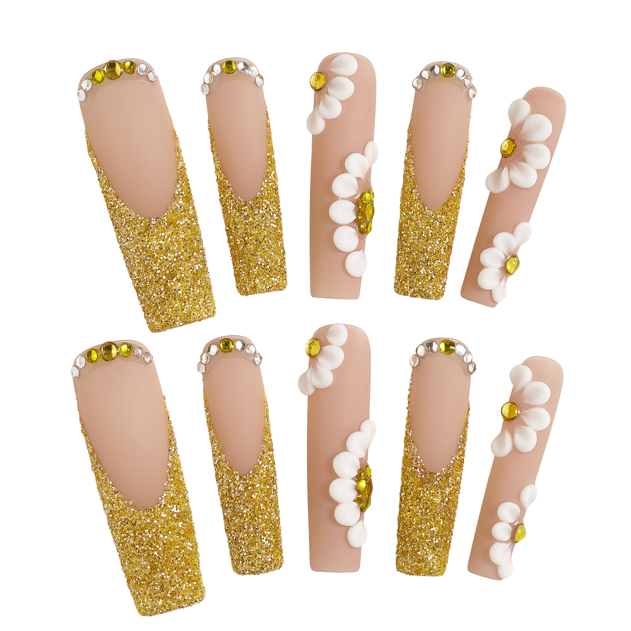 Long square ‘Golden Bloom’ press-on nails with gold glitter, 3D white daisies, and beige base on a white background.