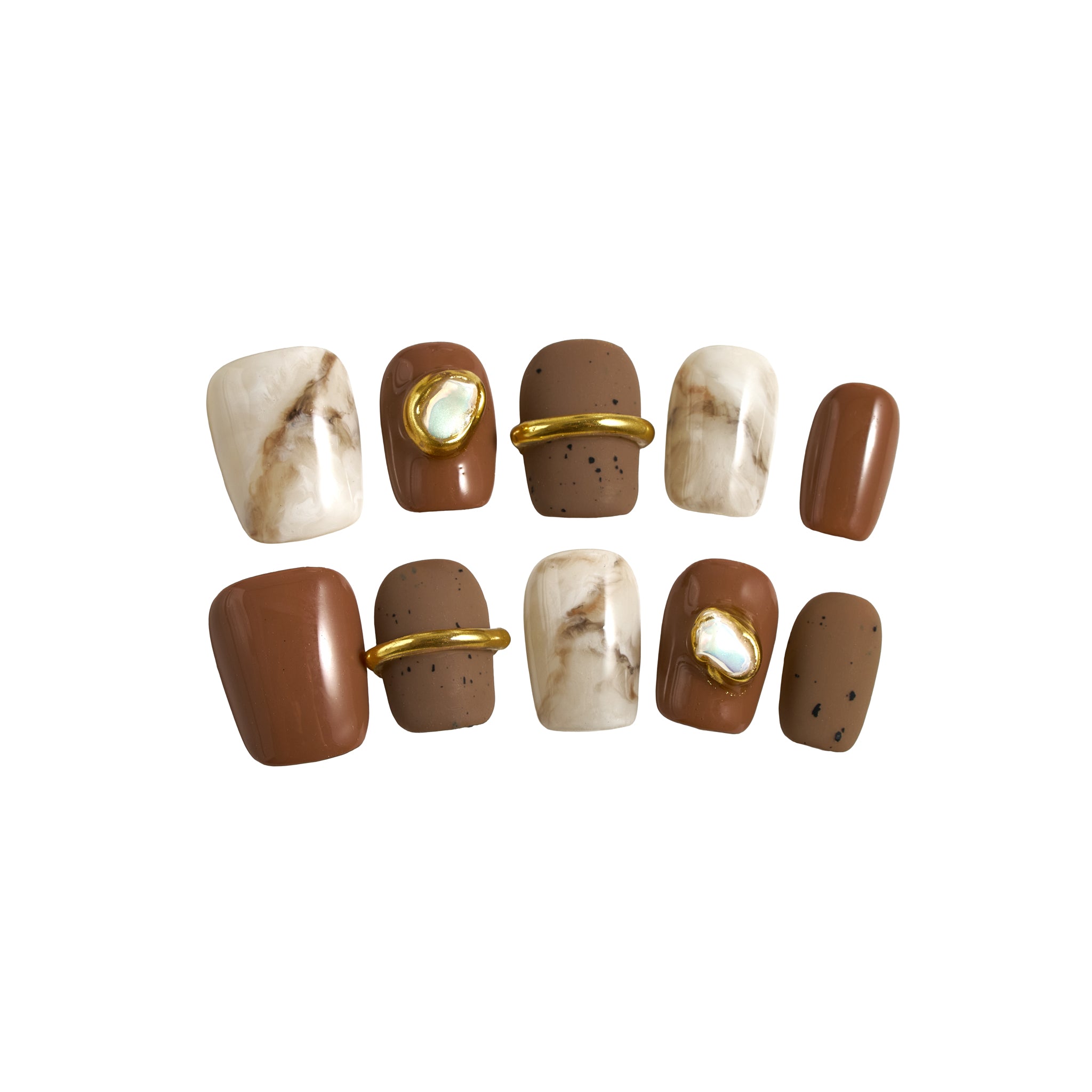 Set of MiuNail Golden Dune press-on nails with marble brown, cream, and gold metallic accents, displayed on a white background.