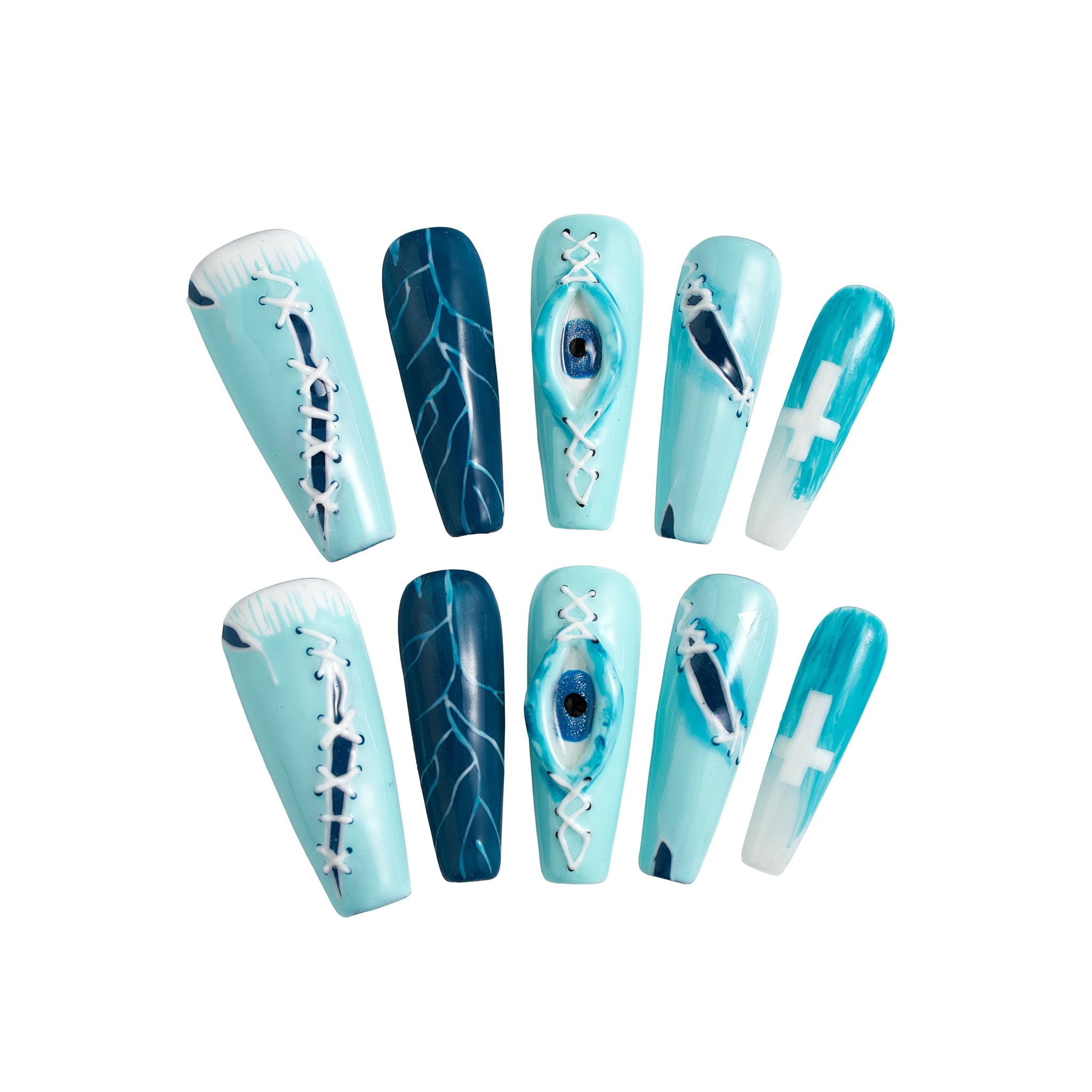 Flatlay of MiuNail Siren Hex press-on nails in icy blue and navy with stitched accents, lightning veins, and eye motifs, arranged on a white background.