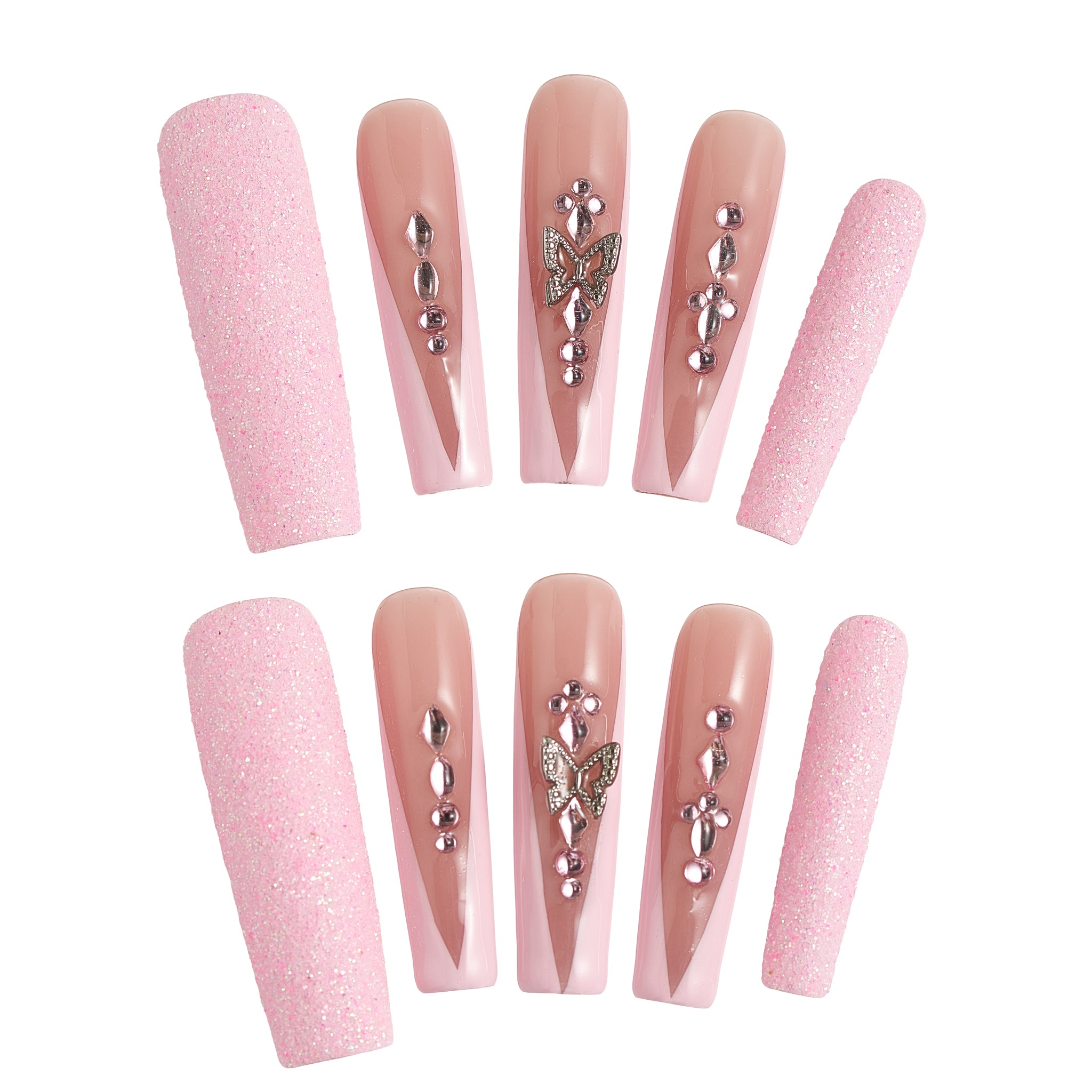 A full set of MiuNail Sugar Flutter long coffin nails in soft pink and nude tones, featuring glitter texture and 3D silver butterfly accents, displayed on a white background.