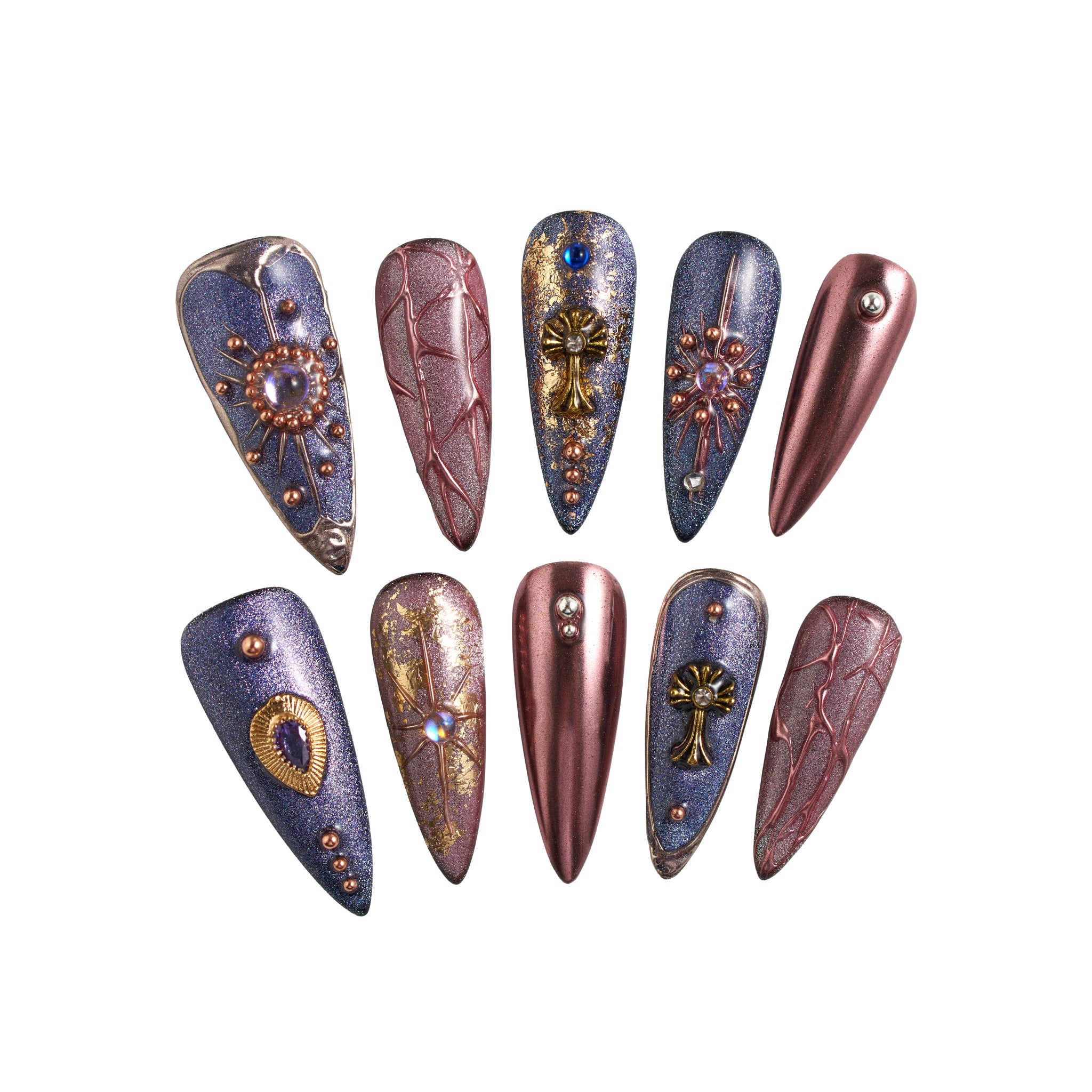 Violet Eclipse stiletto press-on nails set in metallic purple and gold, reusable salon-quality nails displayed on a white background